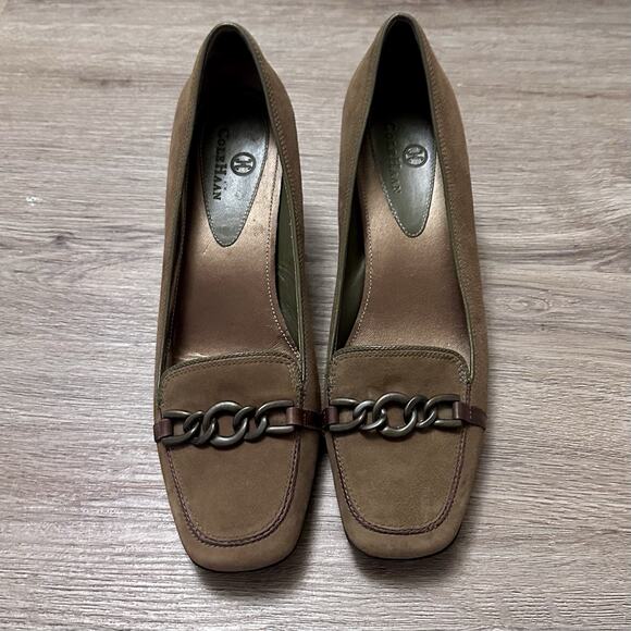 Cole Haan Brown Suede Chain Pumps 8B – Classic Square Toe Kitten Heels Workwear - Picture 1 of 8